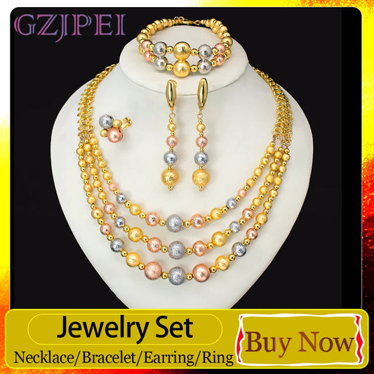 GZJPEI 4 Pcs/set 2026 Fashion Women Jewelry Set Multi Layer Three Tone Beads Jewelry Accessories For Lady Birthday Gifts