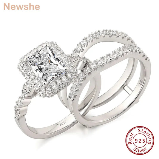Newshe Solid 925 Sterling Silver Moissanite /AAAAA Zircon Wedding Rings Set for Women Engagement Ring Detachable Guard Bands